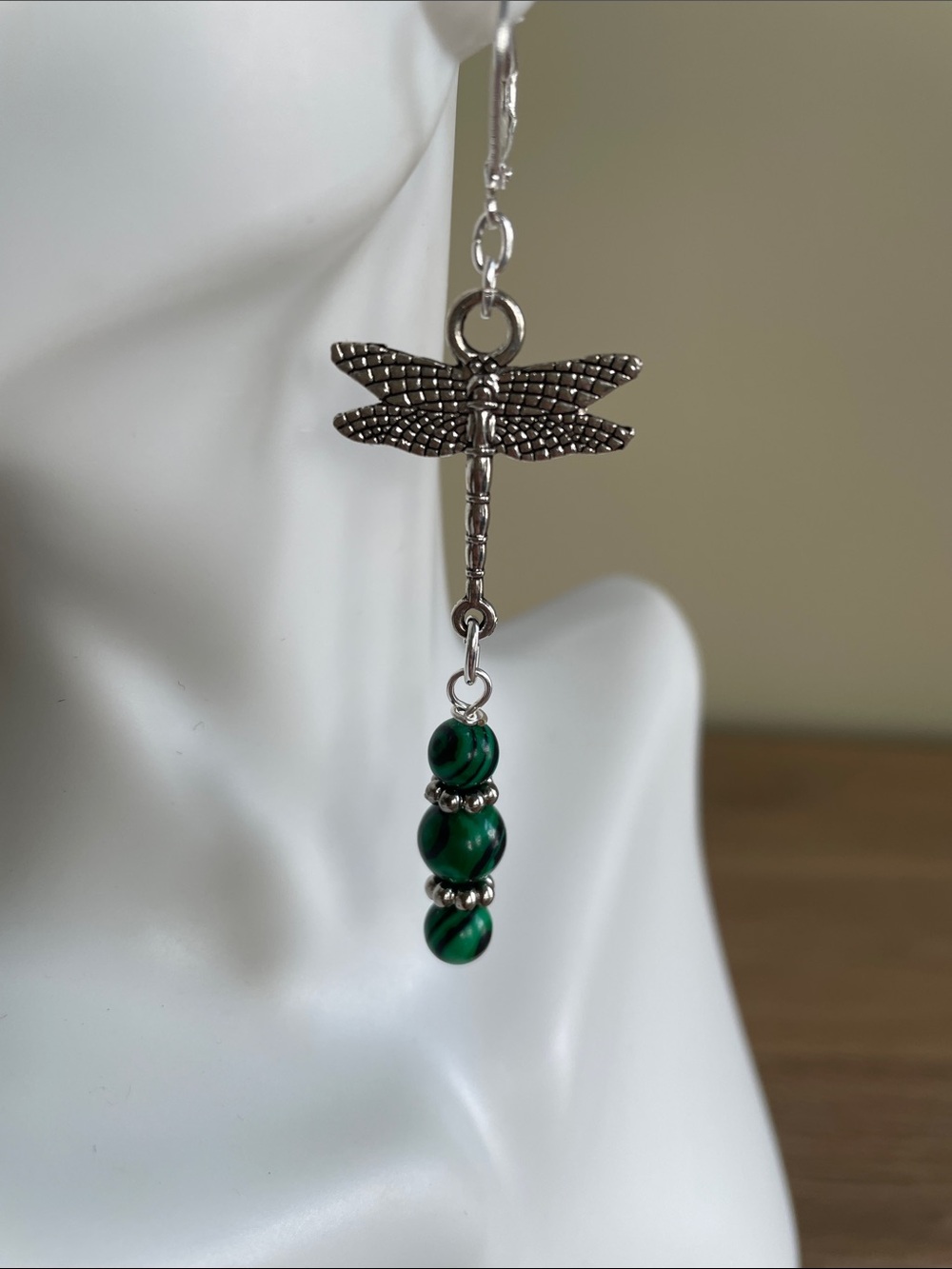 HAND CRAFTED MALACHITE & SILVER DRAGONFLY EARRINGS Pierced Long Dangle